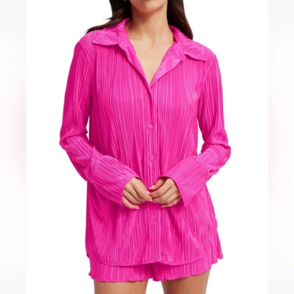 Good American Plissé Button Up Shirt